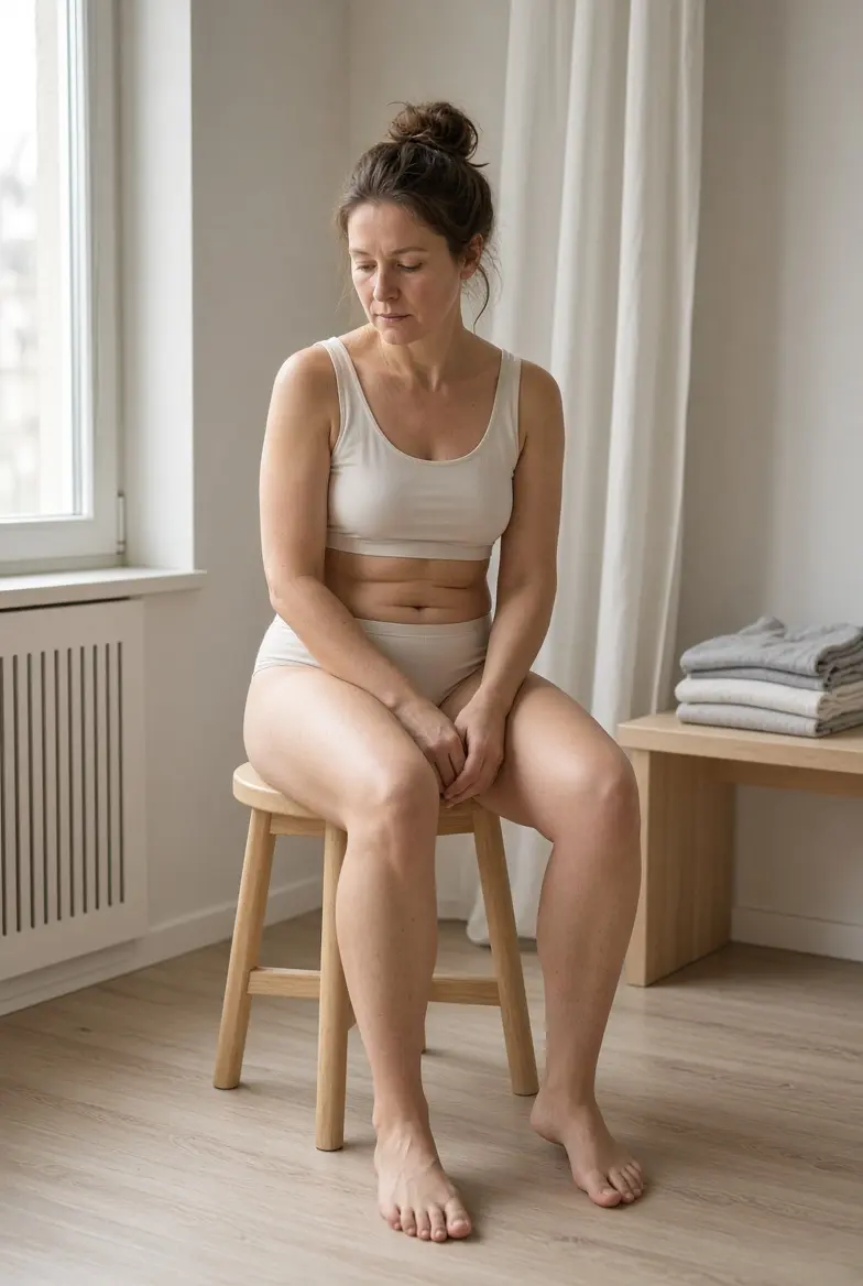 Vuxen kvinna sitter avslappnat på en pall i mjuk topp och beige vardagstrosor.